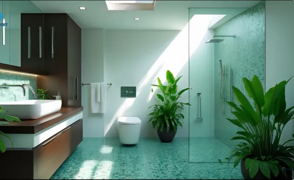 Allentown shower installation modern spa bathroom with teal mosaic floor, frameless glass enclosure, floating vanity, and tropical plants