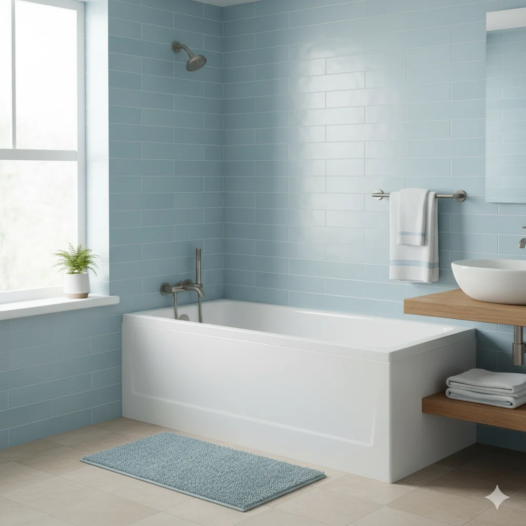 Bathtub liners company Allentown clean bathroom with alcove tub, light blue subway tile, vessel sink on wood vanity, and natural light