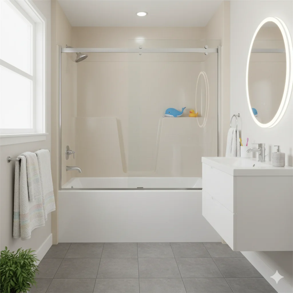 Bathtub wall surround installation white tub-shower combo with sliding glass door, built-in shelf niche, LED mirror, and floating vanity