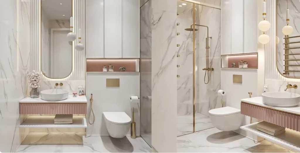 Elegant pink and white luxury bathroom with fluted pink vanity cabinets, brass accents, marble walls, a wall-mounted toilet, and a glass-enclosed shower with a rainfall head