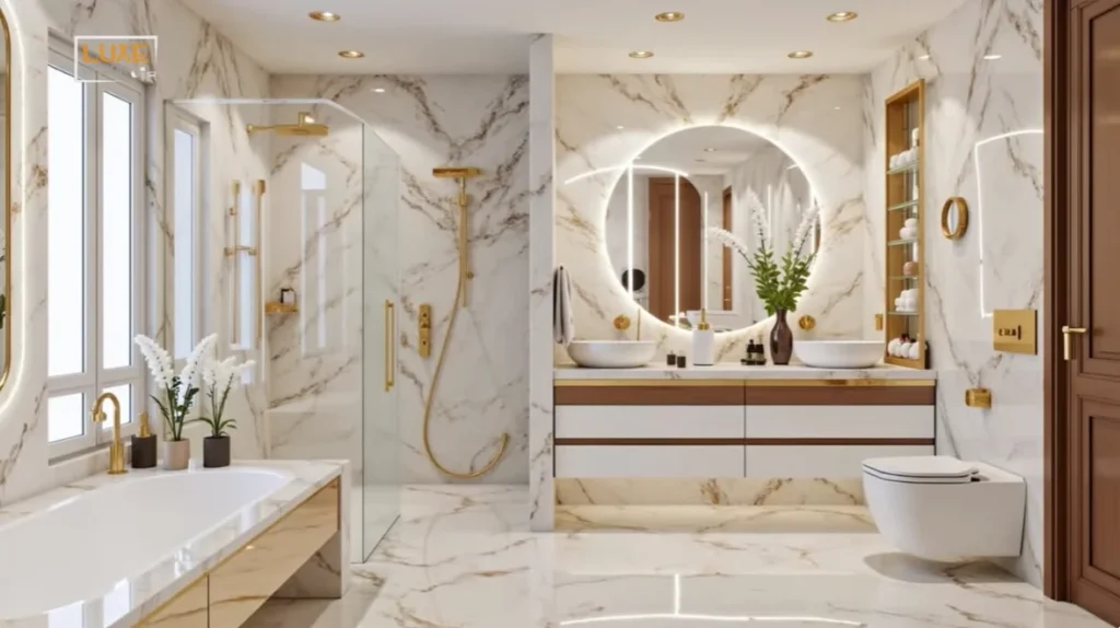Luxury bathroom remodel Hamilton Park Allentown PA Calacatta marble walls, gold fixtures, dual vessel sinks, LED mirror, walk-in shower