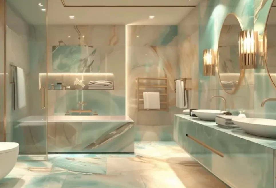 Luxury bathroom remodeling aqua marble walls, frameless glass shower, floating dual vanity, gold fixtures, vessel sinks, LED lighting