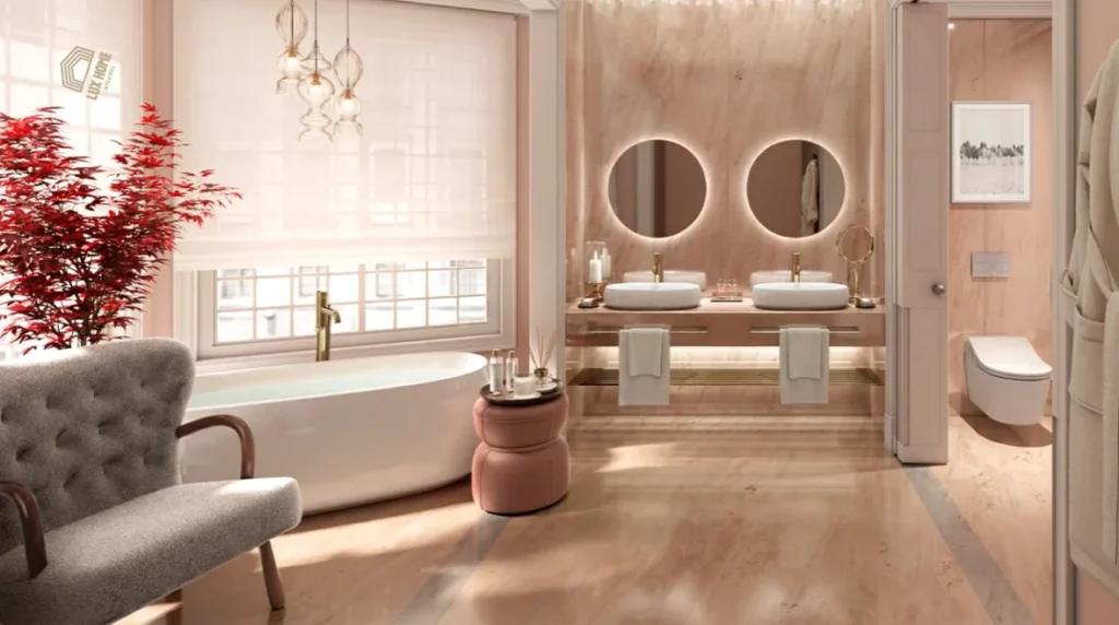 Luxury bathroom remodeling with freestanding tub, dual vessel sinks, round LED mirrors, gold fixtures, wood flooring, and spa-like design