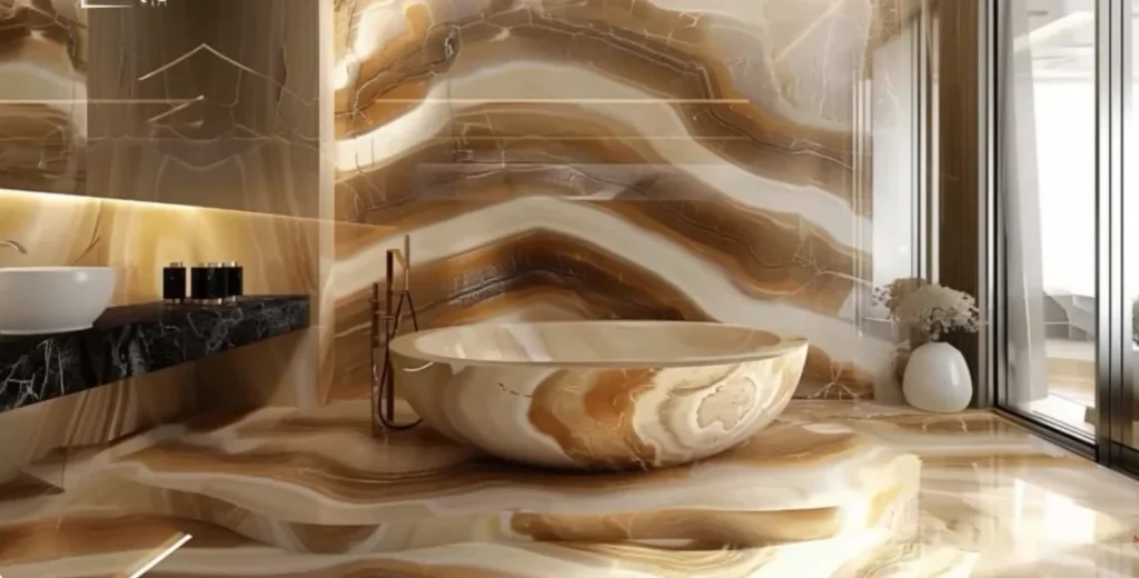 Luxury bathroom with dramatic brown onyx marble walls, sculptural stone bathtub, ambient LED lighting, and floor-to-ceiling windows