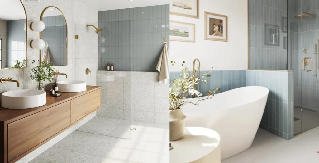 Modern bathroom renovation freestanding tub, wood floating vanity, vessel sinks, gold fixtures, vertical tile, frameless glass shower, marble floors