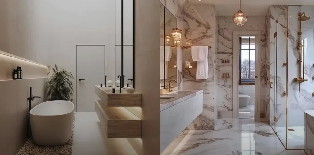 Modern luxury bathroom with freestanding tub and marble walls
