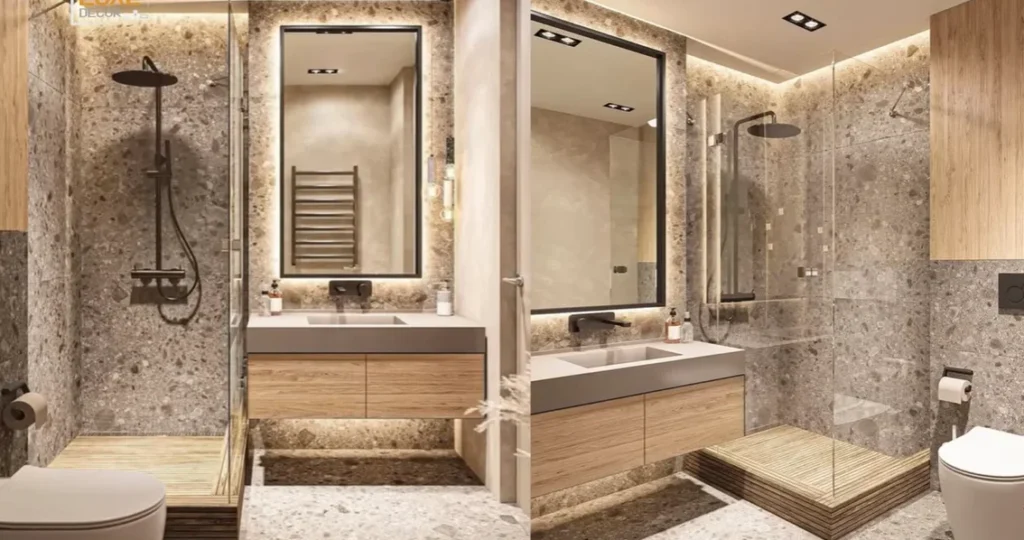 Small bathroom makeover textured stone walls, wood-look floating vanity, frameless glass shower, LED-framed mirrors, rainfall showerhead, natural stone flooring