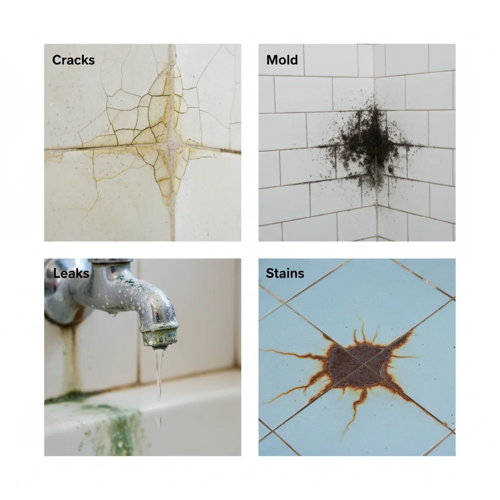 A four-panel grid showing common bathroom problems. Top Left. Cracks in beige tiled walls and grout, with yellow discolorati-geotagged