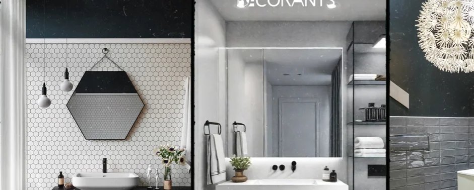 Modern bathroom design collection featuring hexagonal tile accent wall, floating vessel sink, rectangular backlit mirror, and minimalist black fixtures