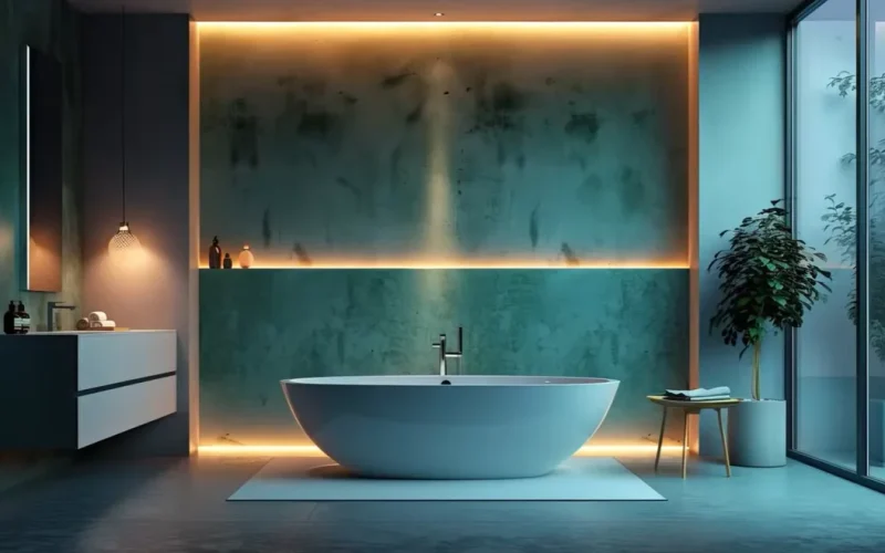 Best bathtub replacement companies contemporary bathroom with backlit freestanding tub, teal accent wall, LED niche, and floor-to-ceiling windows