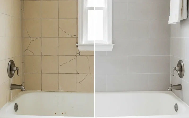 Quick bath remodeling with liners Allentown before and after comparison showing cracked beige tile transformed to fresh gray tile surround