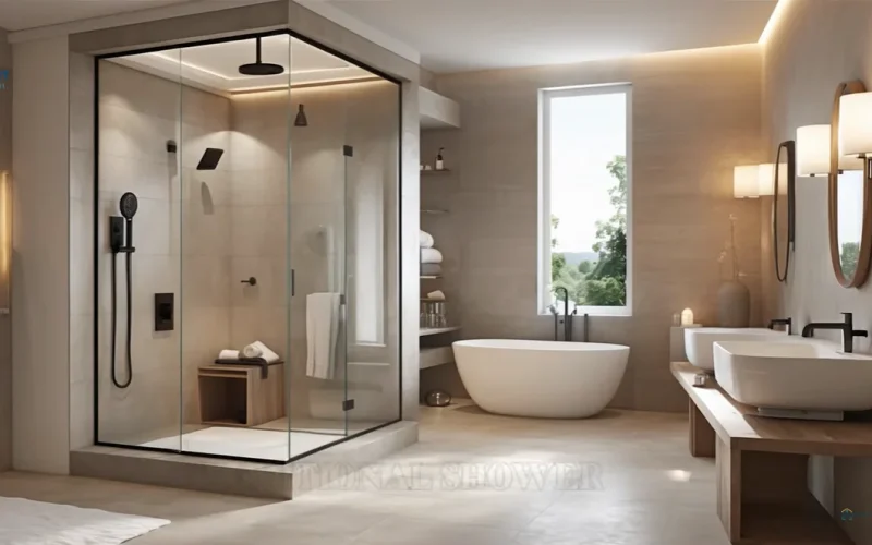 Shower installers Allentown luxury bathroom with black-framed glass shower enclosure, freestanding tub, dual vessel sinks, and skylight