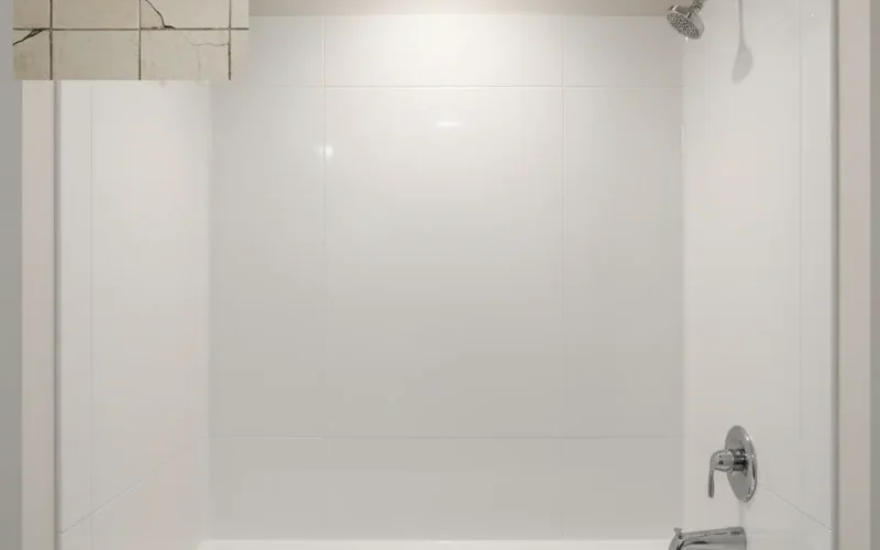 Shower wall surround replacement white acrylic tub-shower panels covering old damaged tile with chrome fixtures and glass partition